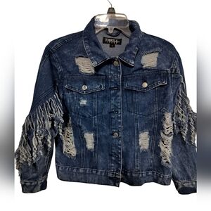 2058) THRILL Jeans Distress, Ripped, Destroyed, Frayed Denim Jacket Size Small